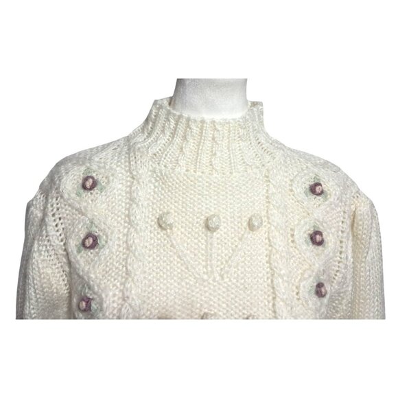 Vintage Paris Sport Club White Cable Knit Sweater With Floral Embroidery & Mock - Picture 3 of 8
